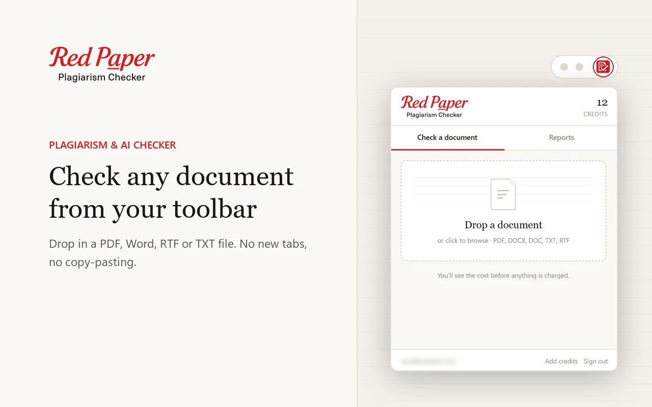Red Paper Chrome extension popup with a drop zone for PDF, DOCX, DOC, TXT and RTF files