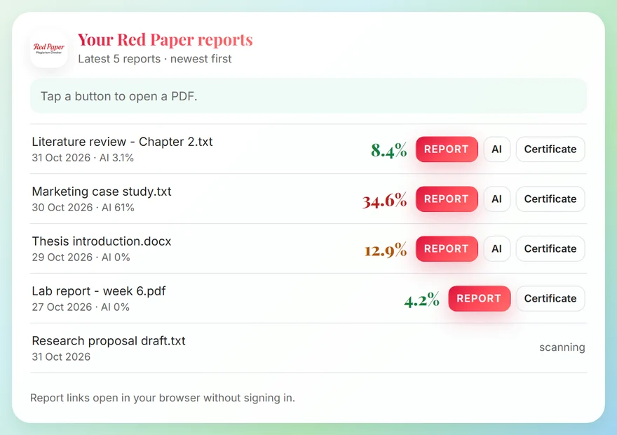 Red Paper reports card in Claude listing recent checks with their similarity scores and report buttons