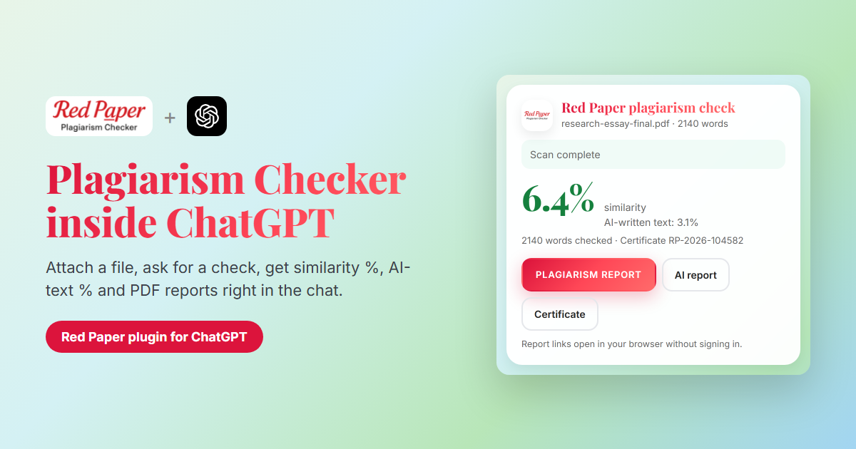 Red Paper plagiarism checker plugin for ChatGPT showing a completed scan card